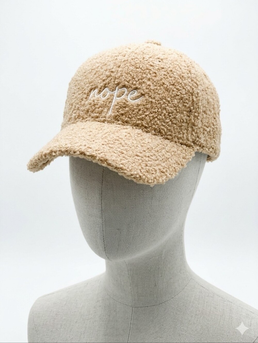 "Nope" Embroidered Bouclé Baseball Cap - Beige Ballcap